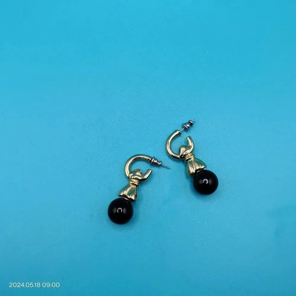 Vtg Unbranded 80s 90s Gold Tone Detachable Black Bead Post Stud Dangle Earrings - Picture 2 of 7